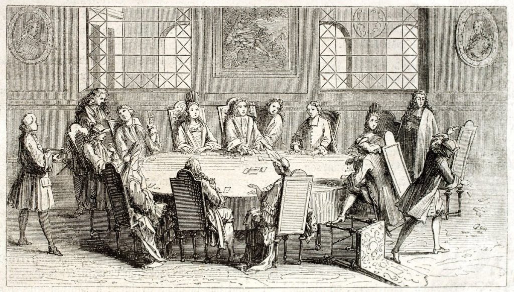 Drawing of people playing baccarat in ancient times